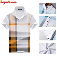 Мужская рубашка поло с коротким рукавом и отворотом, брендовая мужская Повседневная рубашка поло, деловая тонкая дышащая Клетчатая Мужская Рубашка-Поло