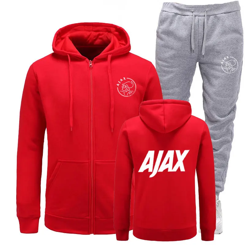 Gray red Новинка, спортивный костюм, модные AJAX мужские спортивные толстовки, комплекты из двух предметов, хлопковая флисовая плотная толстовка с капюшоном+ штаны, спортивный костюм для мужчин - Цвет: Gray red