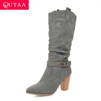 

QUTAA 2020 New Autumn Winter PU Fashion Pointed Toe Mid Calf Boots Square Heel Buckle Slip on All Match Women Shoes Size 34-43