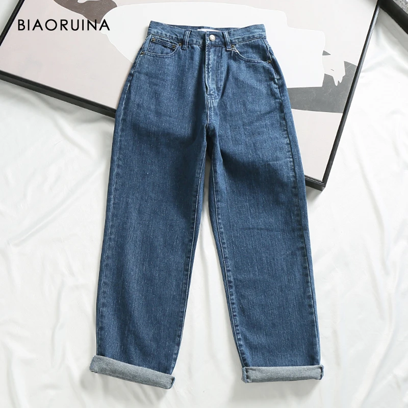 

BIAORUINA Women's Vintage Solid Straight Denim Jeans Female Japan Style Blue Fashion Jeans High Waist Women Fashion Jeans
