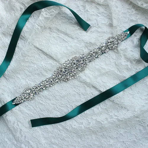 Green Satin Ribbon Sash Belt Sliver Rhinestones satin Bridal Belt For wedding dress accessories - Цвет: color 21