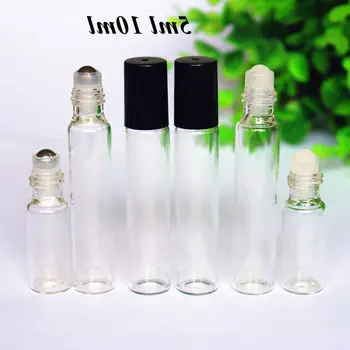 

50pcs/lot 5ml 10m Clear Glass Roll on Bottle with Glass/Metal Ball Refillable Roller Essential Oil Vials Perfume Oil Bottle