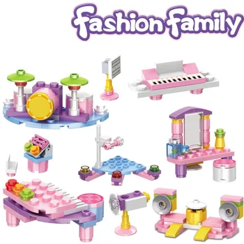 

Fashion Family Friends DIY Blocks Princess Dresser Piano Drum Building Blocks Toys For Children Friends Figures Girls Gifts