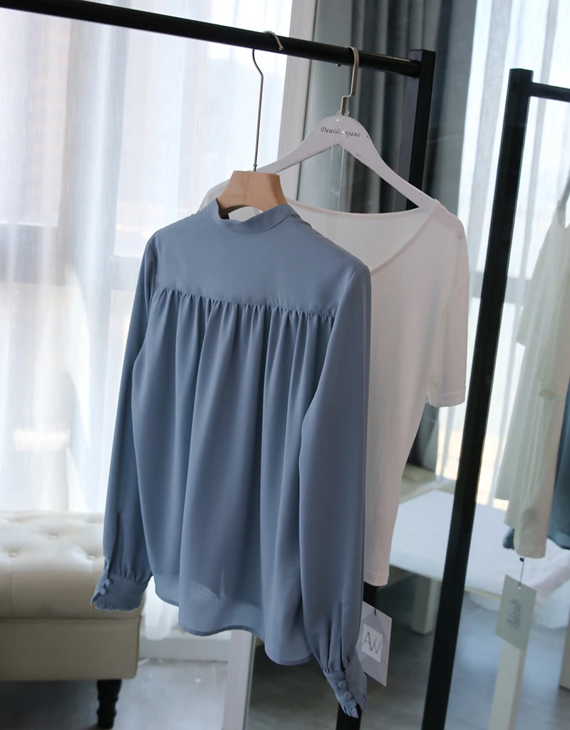 Sweden Stylish Pale Blue Button-up Shirt Classy Ballon Sleeve Loose-fit Texture Blouse Elegant Stand Color Casual Daily Blouse