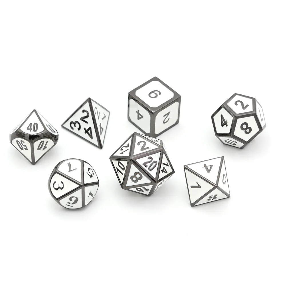 White-Enamel-Polyhedral-Metal-Dice-with-Velvet-Pouch-for-MTG-RPG-DnD-Board-Games-and-Teaching