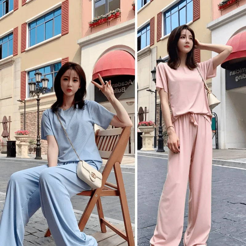 

Весенне-летняя модная ночная рубашка с коротким рукавом, костюм с широкими штанинами, приталенная Повседневная Домашняя одежда, женские пижамные комплекты, одежда для сна