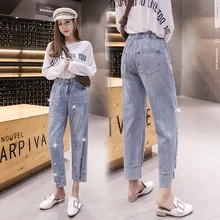 Джинсы с бусинами Осенние новые с высокой талией свободные с манжетами девять очков джинсы для женщин L4006