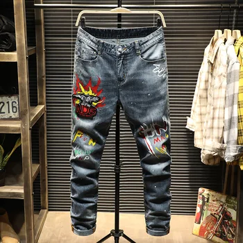 

Personality Chao Brand Embroidery Flower Printing Jeans Men Feet Ji Qiu Elastic Force Slim Fit Trend