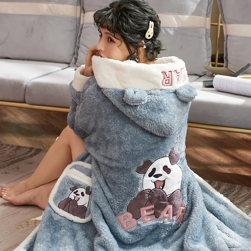 Autumn and Winter New Fashion Coral Velvet Pajamas Women Korean Cardigan Hooded Plus Size Loose Thickened Flannel Pajamas