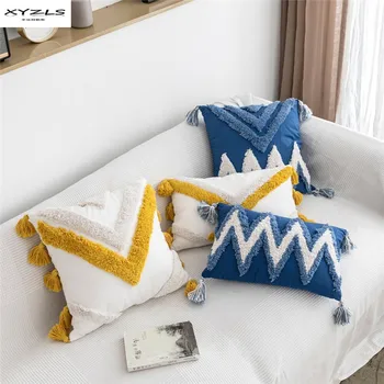 

Decorative Cushion Cover American Style Yellow Blue Pillow Case With Tassels Geometric Tufting Pillow Cover For Sofa Bed Car