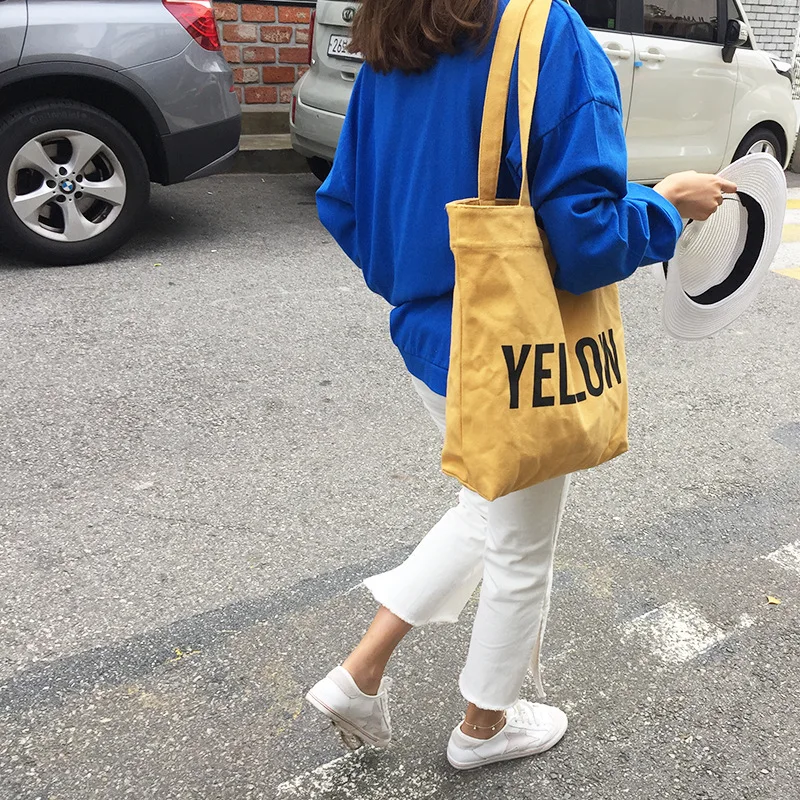 Women Canvas Shopping Bag Solid Color Letters Print Shoulder Bag Eco Cotton Shopper Bags Cloth Fabric Handbag Tote for Girls