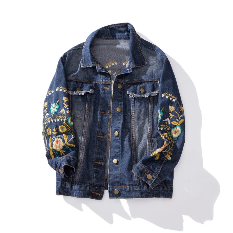 

2020 New Women Denim Jacket Spring Streetwear Single Breasted Floral Embroidery Turn-down Collar Plus Size 3XL 4XL 5XL Lady Coat
