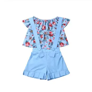 

Summer new girl suit blue floral suspenders + tube top 2 piece children's suit