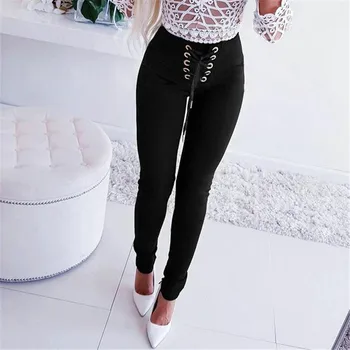 

Ladies' Black Slim Trousers New Lace-up Bandage High Waisted Bodycon Long Pants Fashion Female's Strech Leotard Pencil Pants Hot