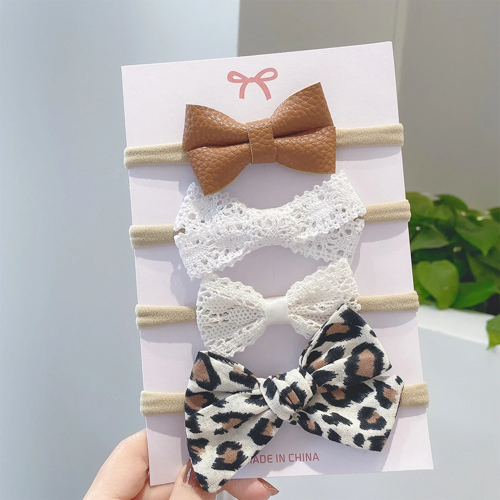 4Pcs/set Cute Cotton Linen Leopard Printed Bowknot solid Headband For Girl Ribbon Headwear Toddlers Band Infant Hair Accessories hair bows for women Hair Accessories