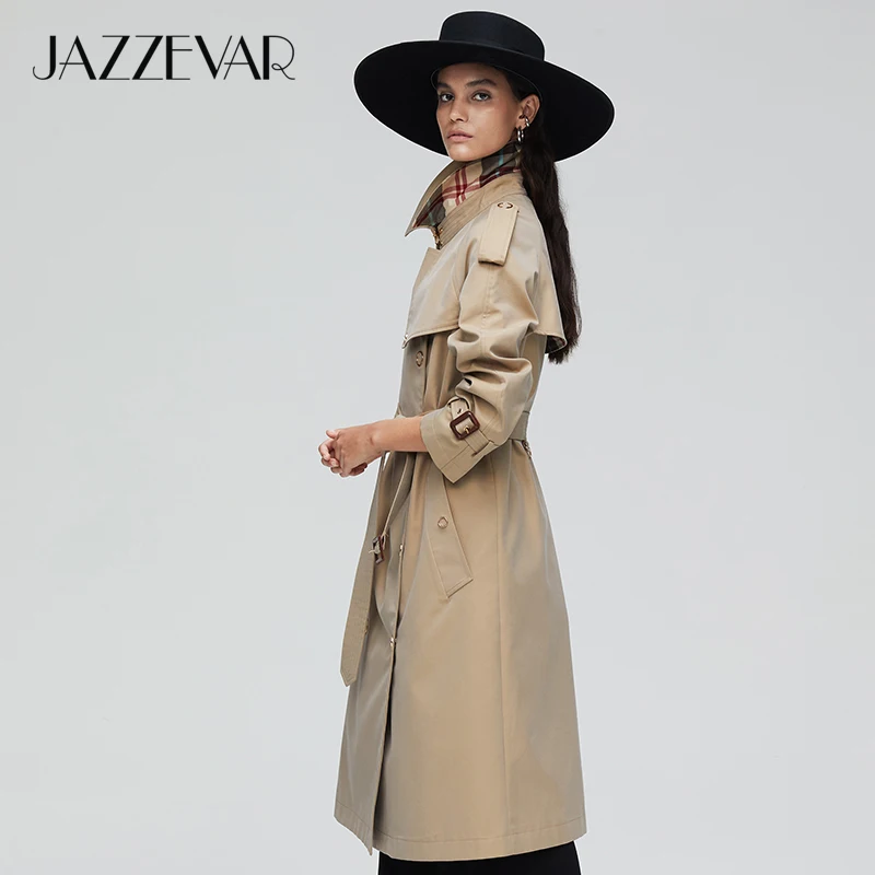 Beste JAZZEVAR 2019 Nieuwe collectie herfst trenchcoat vrouwen losse kleding bovenkleding hoge kwaliteit double breasted vrouwen lange jas 9024  1