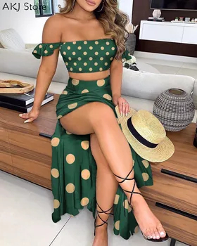

Women Off Shoulder Polkadot Print Short Sleeve Top & High Slit Maxi Skirt Set