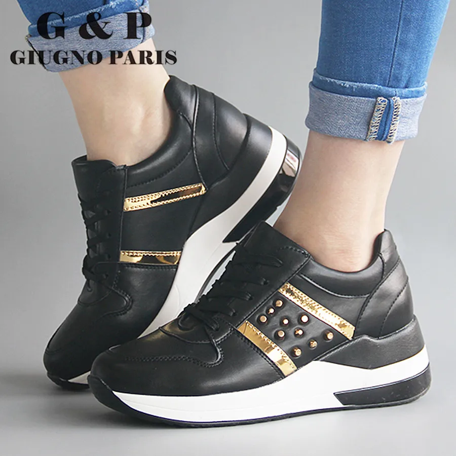 Sneakers Women Fashion Shoes Black Platform Designer Luxury Brand with Gold-Decoration