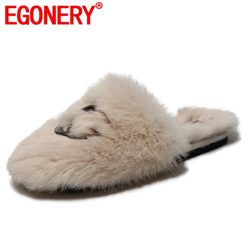 EGONERY/зимние женские тапочки; пижамы; вечерние домашние тапочки; сезон весна; размеры 34-39; CN; бежевые женские туфли на плоской подошве с кроличьим мехом; Прямая
