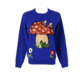 

Cute Sweater Women Christmas Sweater 2019 Winter Cartoon Mushroom Bees Sequins Pull Sweater Casual Blue Knitted Jumper Pullovers