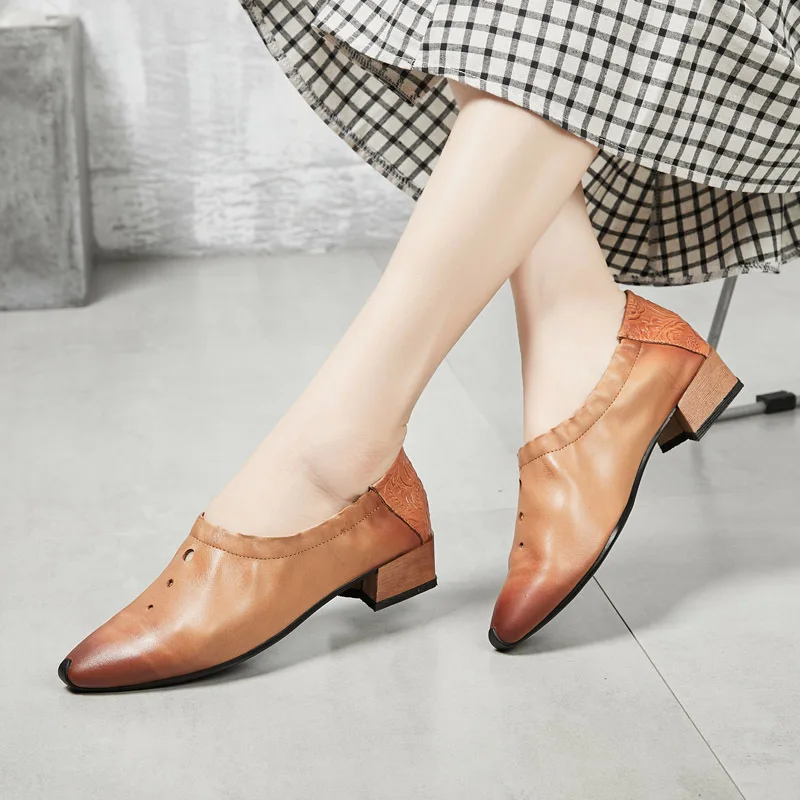 

Delphinium 19 Spring New Style Handmade Genuine Leather Small Sharp Point Mouth Shoes Breathable Soft Bottom Shoes Square Heel L