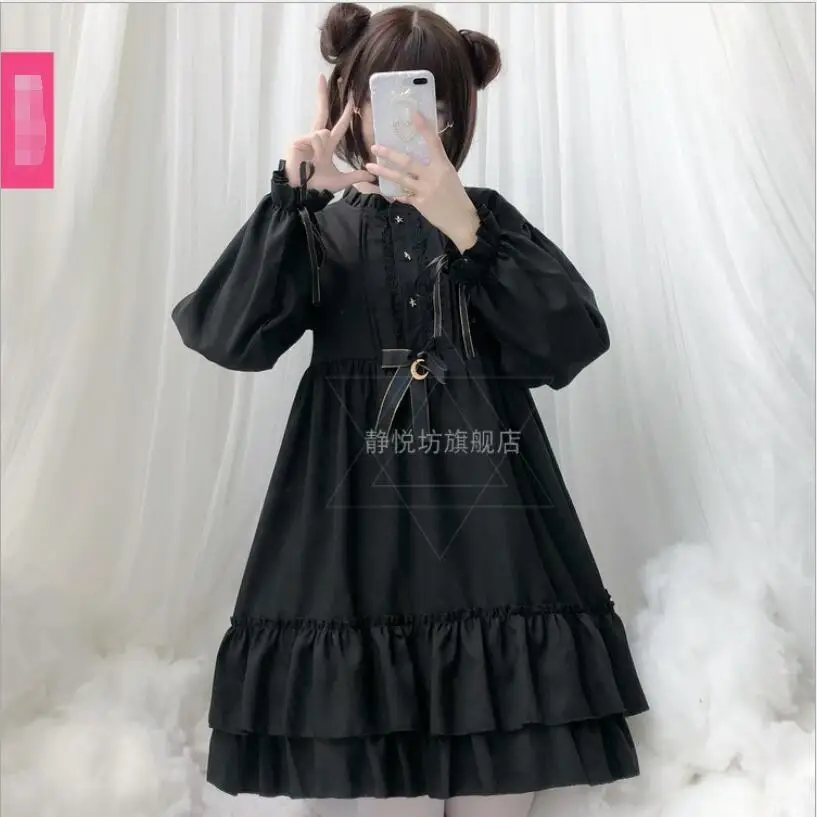 Vintage Gothic Long Sleeve Black Japanese Lolita Dress Court Kawaii Girl Lolita Cos Loli Tea Party Student Dress