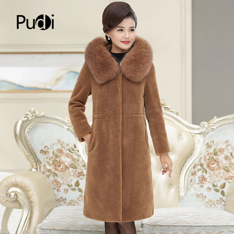 PUDI C306303, Женское зимнее классическое пальто из натуральной шерсти, теплая куртка с воротником из натурального Лисьего меха, женское длинное пальто - Цвет: brown