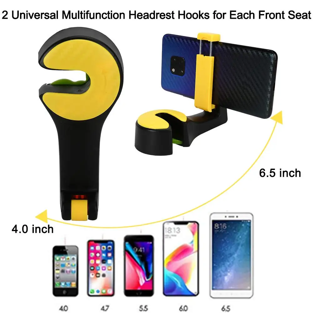 Kayme Car Back Seat Headrest Hook with Phone Holder, Auto Mult-function Seat Headrest Hanger for Groceries Handbag, 12x5.5x3cm