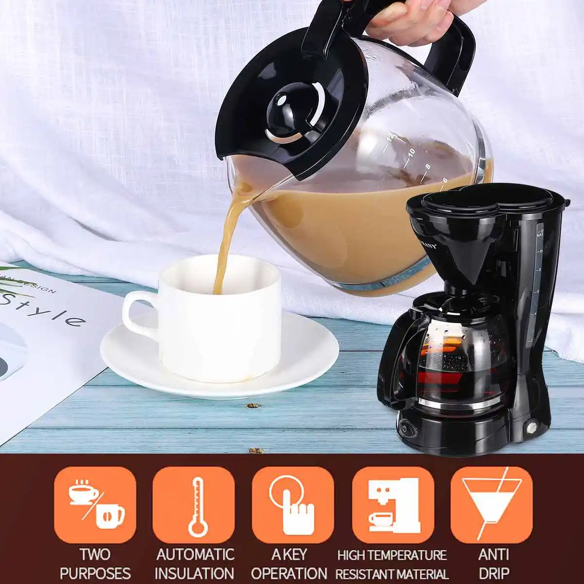 

Portable Coffee Maker Electric Drip Espresso Coffee Maker 220V 10-12 Cups Household Tea Pot Cafe Machine Swing-out Coffee Pot