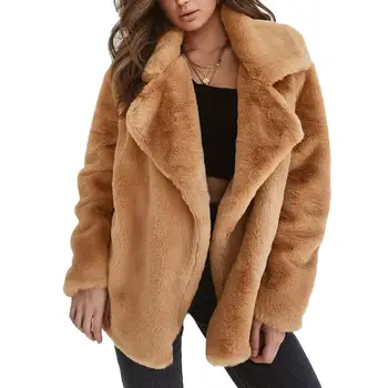 

Fashion Winter Plush Size Women Faux Fur Coat Loose Lapel Over Coat Thick Warm Plus Size Female Solid Color Casual Coat