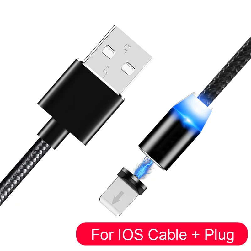 1 м 2 м Магнитный светодиодный кабель Micro usb type C Магнитный usb кабель для зарядки для iPhone 11X7 8 XS Max XR huawei samsung S10 Xiaomi LG - Цвет: Black iOS Cable