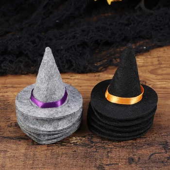 

10pcs Mini Felt Witch Hats Handmade Wine Bottle Decor for Halloween DIY Hair Accessories Crafts (5pcs Black+5pcs Grey)