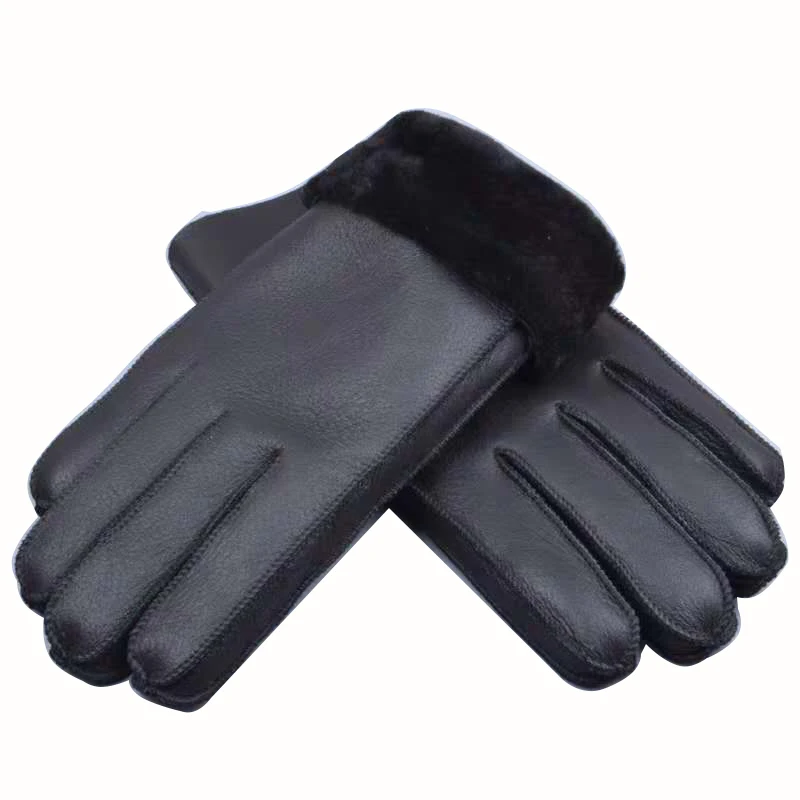 Men Winter Gloves Genuine Sheep Fur Thermal Goat Fur Cashmere Real Leather