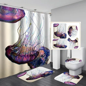 

4pcs Purple Jellyfish Print Waterproof Bathroom Shower Curtain Toilet Cover Bath Mat Set Decor Shower Curtain with 12 Hooks