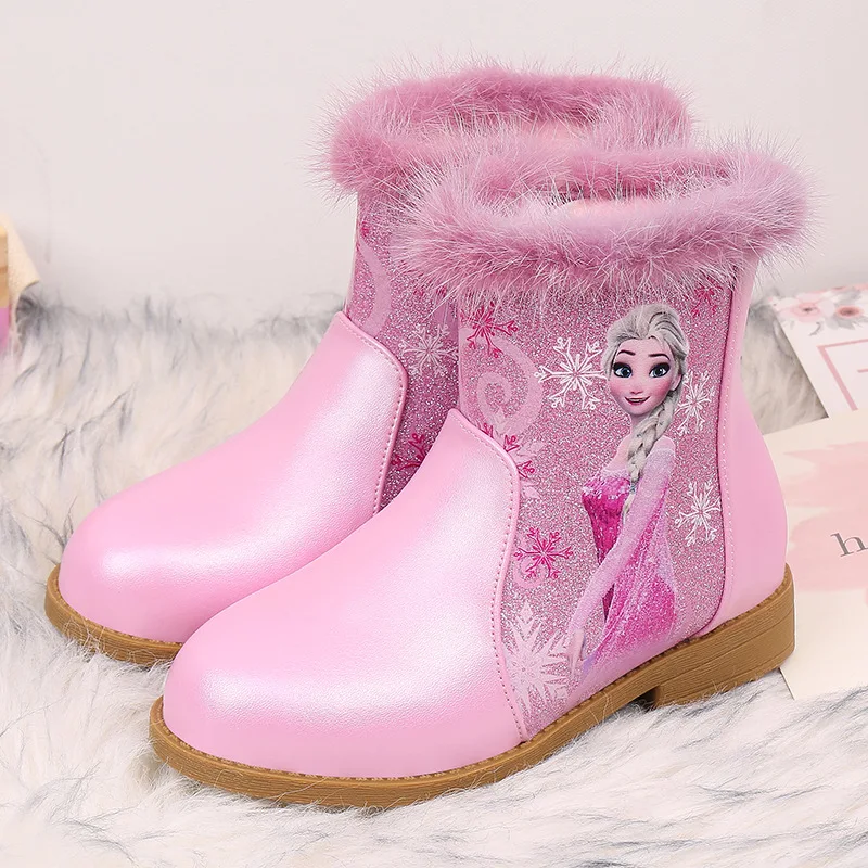 Ботинки martin г. Новая обувь «Холодное сердце 2», «Эльза» розовые зимние ботинки детские ботинки с мехом зимние ботинки для девочек, обувь из коровьей кожи