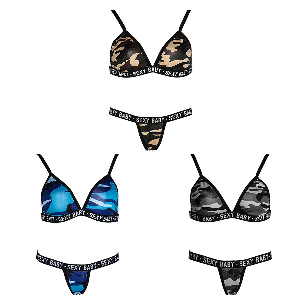 

1 pc Summer Women Fashion Sexy Camouflage Bra Panties Set Halter Neck Letter Printed Bra Suit Underwear Nightwear