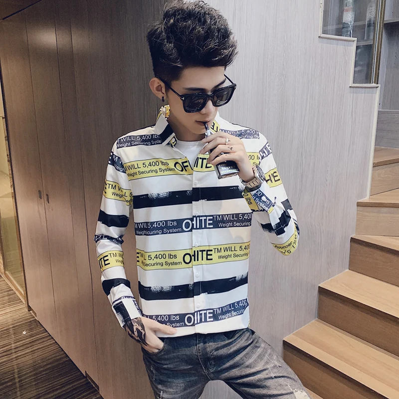 white Индивидуальная полосатая дизайнерская рубашка Camisa Social Masculina Manga Longa Осенняя мужская рубашка с длинными рукавами Camisa приталенная рубашка - Цвет: white
