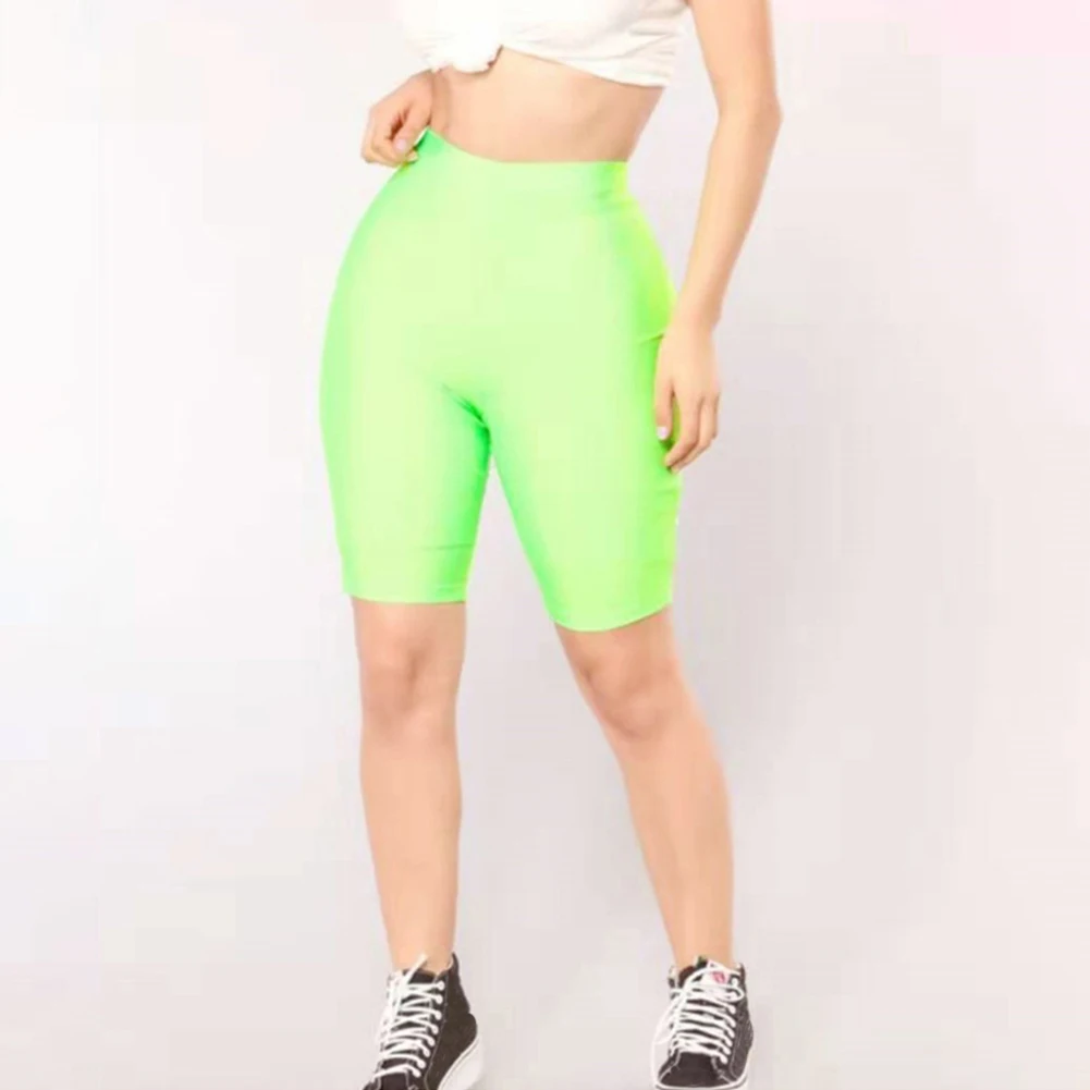 Fluorescent Green Флуоресцентные Глянцевые Женские шорты аксессуары Повседневная летняя с высокой талией повседневные облегающие сексуальные Эластичные Обтягивающие уличные Полиэстеровые однотонные - Цвет: Fluorescent Green