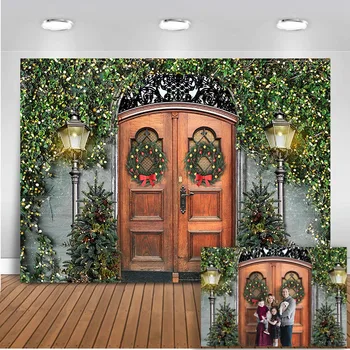 

Photography backdrop Christmas rustic brown wooden door background for photo studio Christmas tree vintage light wreath vine