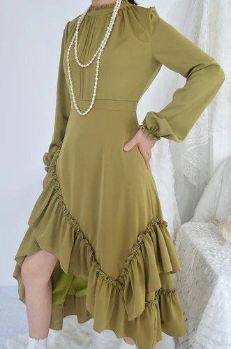 green DMY1175 XITAO Pleated Irregular Dress Women Fashion New Autumn High Waist Cascading Ruffle Full Sleeve Minority Dress DMY1175 - Цвет: green DMY1175