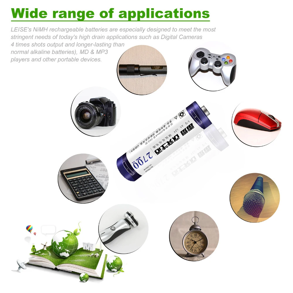 Leise 8 шт AA 2700mAh Ni-MH аккумуляторная батарея 1,2 V 2A nimh аккумуляторы и бесплатные чехлы для аккумуляторов в подарок