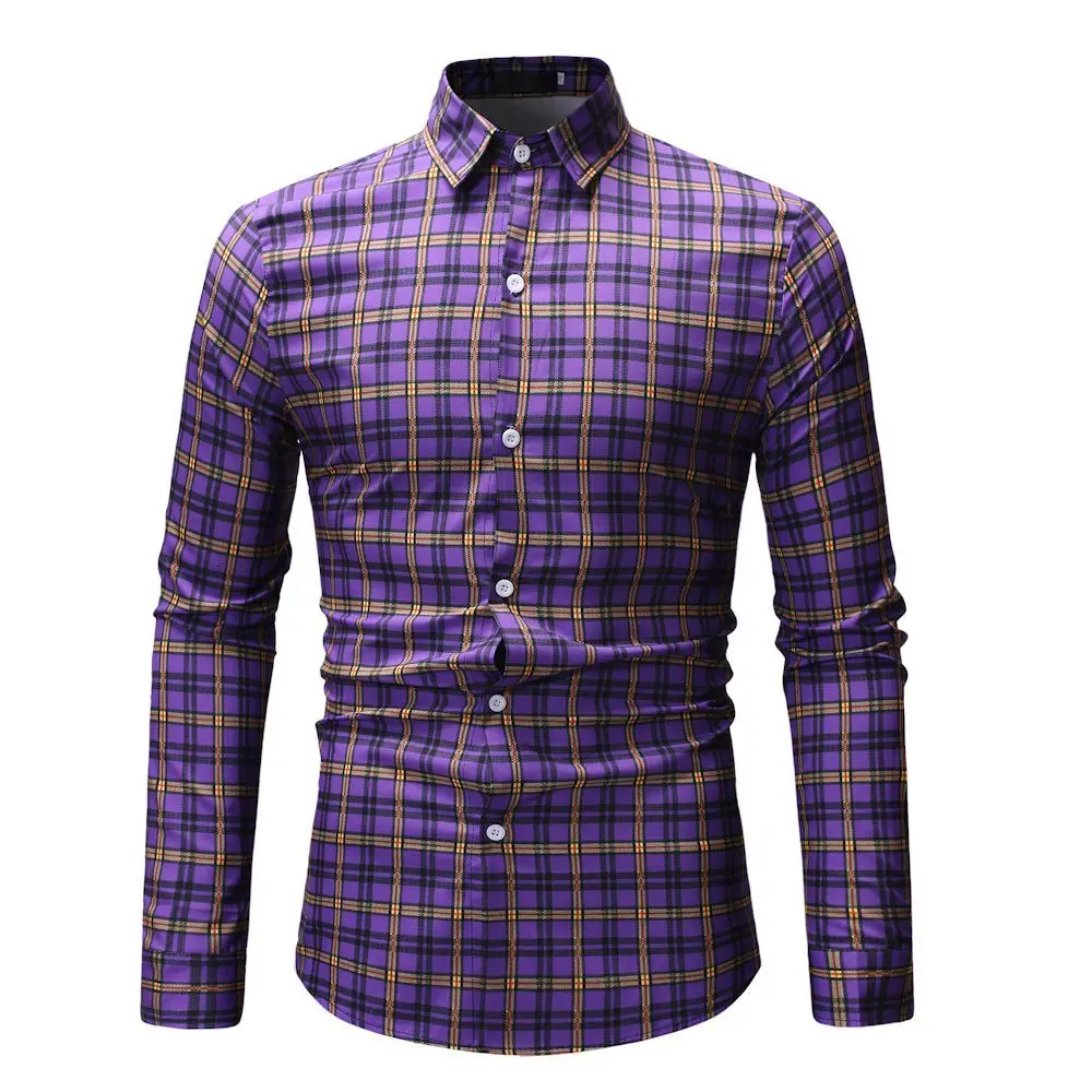 Мужские рубашки с длинным рукавом Slim Fit Брендовые мужские рубашки дизайнерская Высококачественная Клетчатая Мужская одежда деловые рубашки - Цвет: ML20 purple