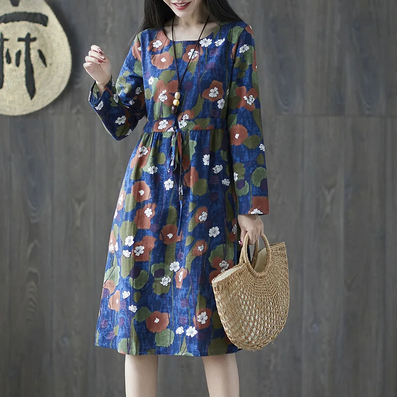 

2018 Autumn Clothing New Style Large Size Dress National Wind Cotton Linen Printed Mid-length Waist Drawstring Long-sleeved Dres