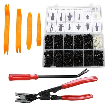 

690 Pcs Car Retainer Clips&Plastic Fasteners Kit Car Plastic Rivets Fasteners+Clip Removal Pliers+Door Upholstery Remover+Car Tr