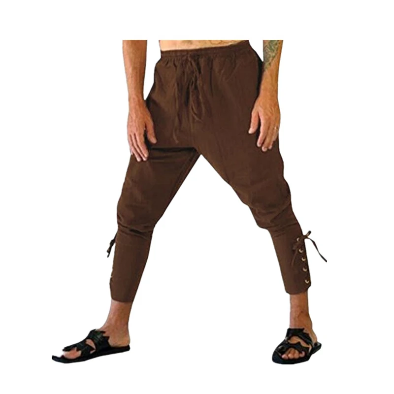 Halloween Adult Men Medieval 5XL Renaissance Lounge Pirate Horseman Costume Loose Pants Black Brown Navigator Leg Bandage