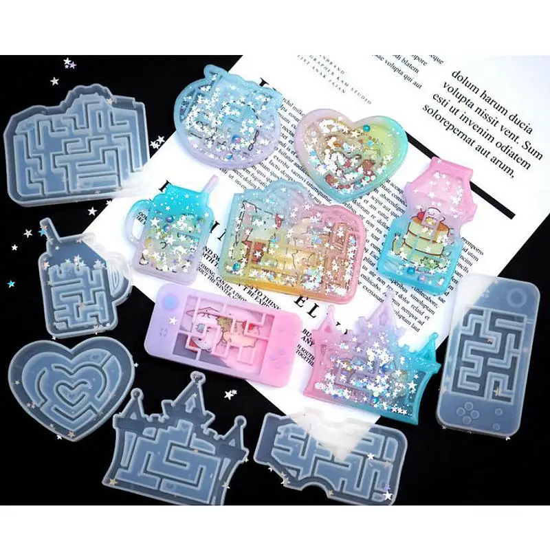 Maze Shaker Silicone Molds DIY UV Resin Labyrinth Heart Gamer Maze Shaker Charms Jewelry Accessories Making Castle Camera Shape