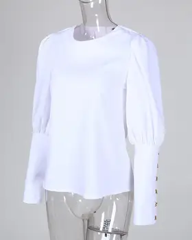 

Women Autumn Elegant O-Neck Blouse Metal Buttoned Lantern Sleeve Solid Shirt Office Casual Lady Top