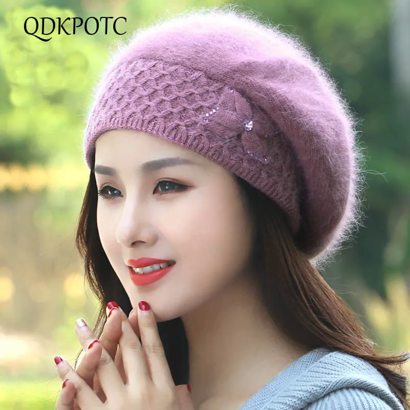 QDKPOTC, осенне-зимние женские береты, новинка, высокое качество, из кроличьей шерсти, вязаная шапка, Женский двойной слой, плюс бархат, сохраняет тепло, шапка - Цвет: Skin red