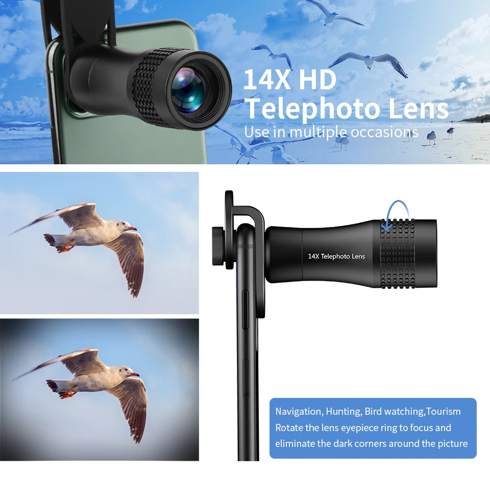 KUULAA Universal 14X Monocular Zoom HD Optical Cell Phone Lens Observing Survey telephoto lens for iPhone 11 Pro Smartphone