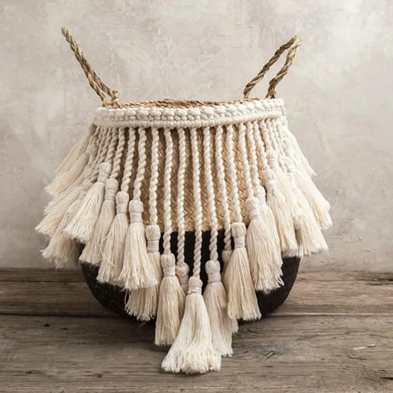 Wicker Basket Boho-Decor Garden-Flower-Pots Storage Rattan Tassel Macrame Home-Organizer